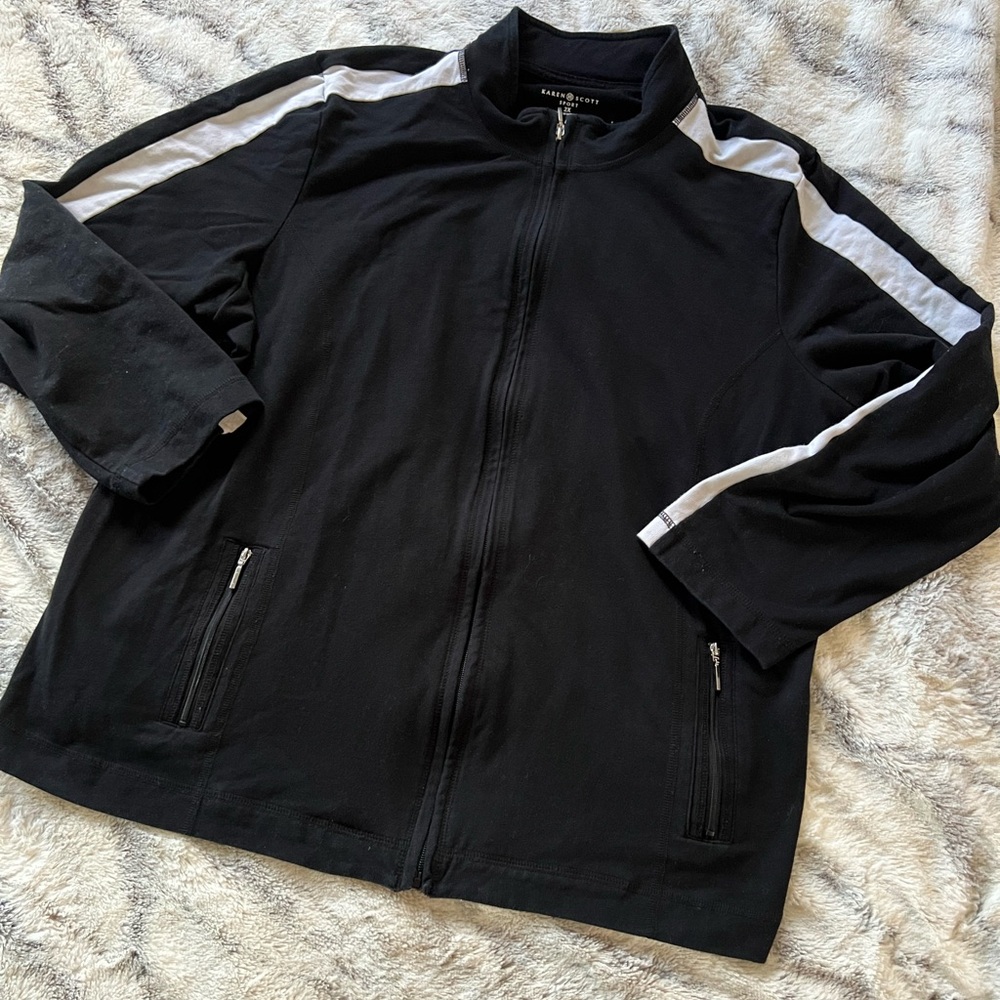 Karen Scott Black Zip-Up Track Jacket with White Stripe 2X